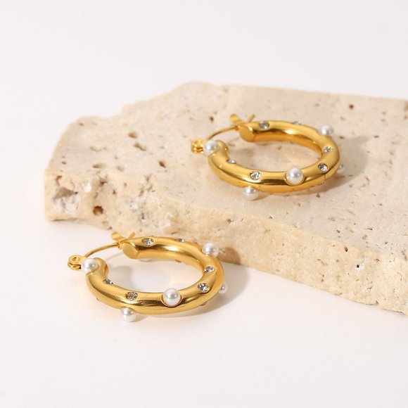 Zircon & Pearl Mix Hoop Earrings 18K Gold - Picture 3 of 7